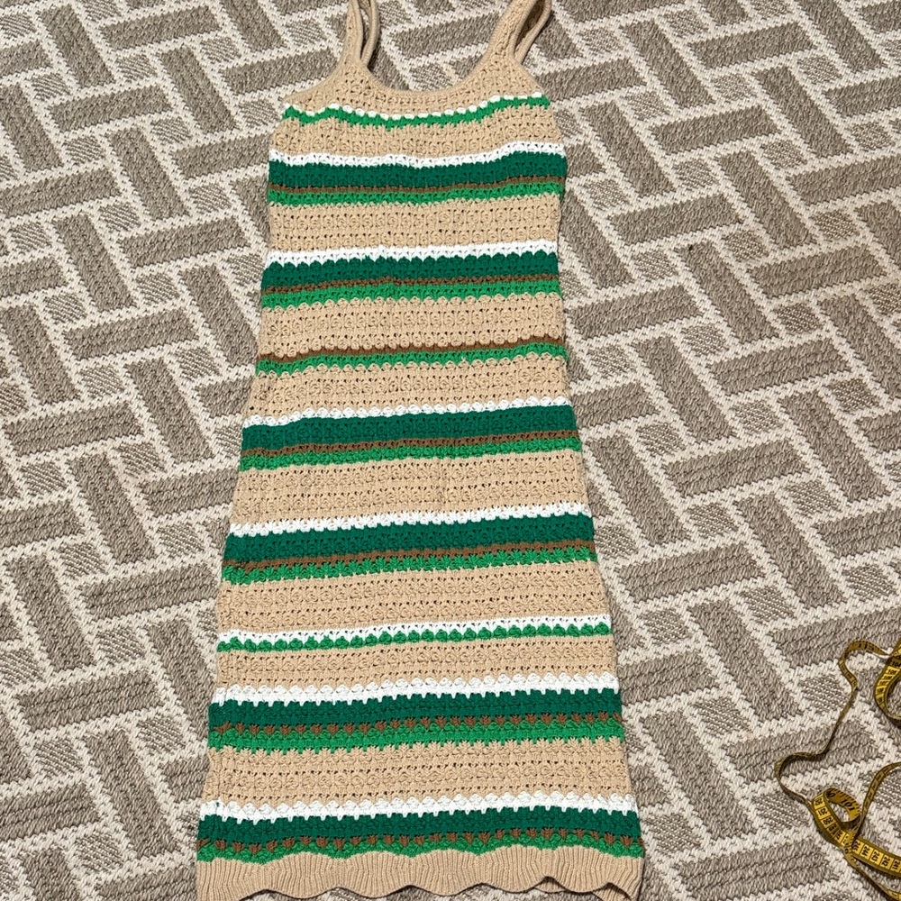 Elegant Striped Crochet Midi Dress in Green and Tan